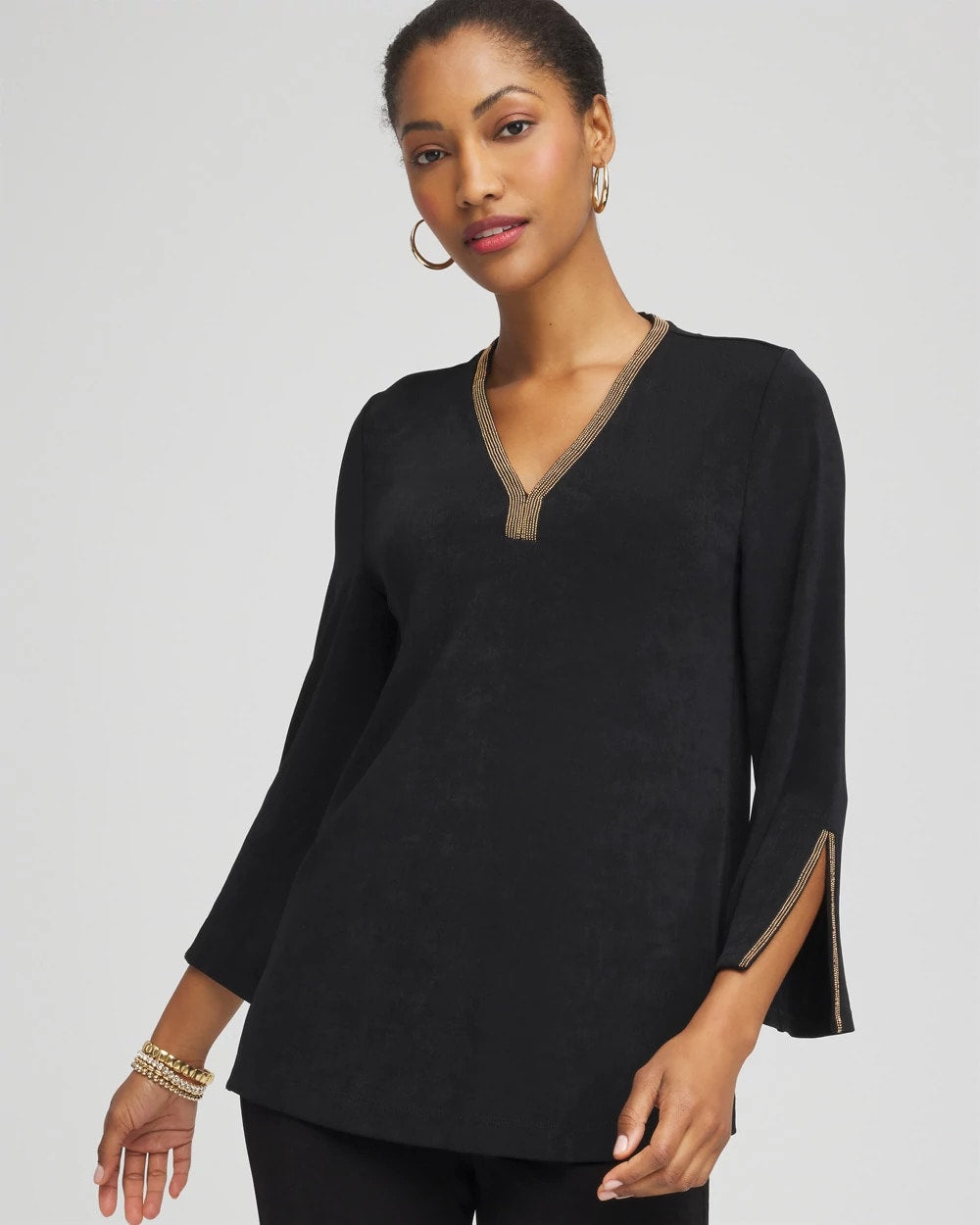 Chico's Clothing Travelers™ Embellished V-Neck Flutter Sleeve Tunic