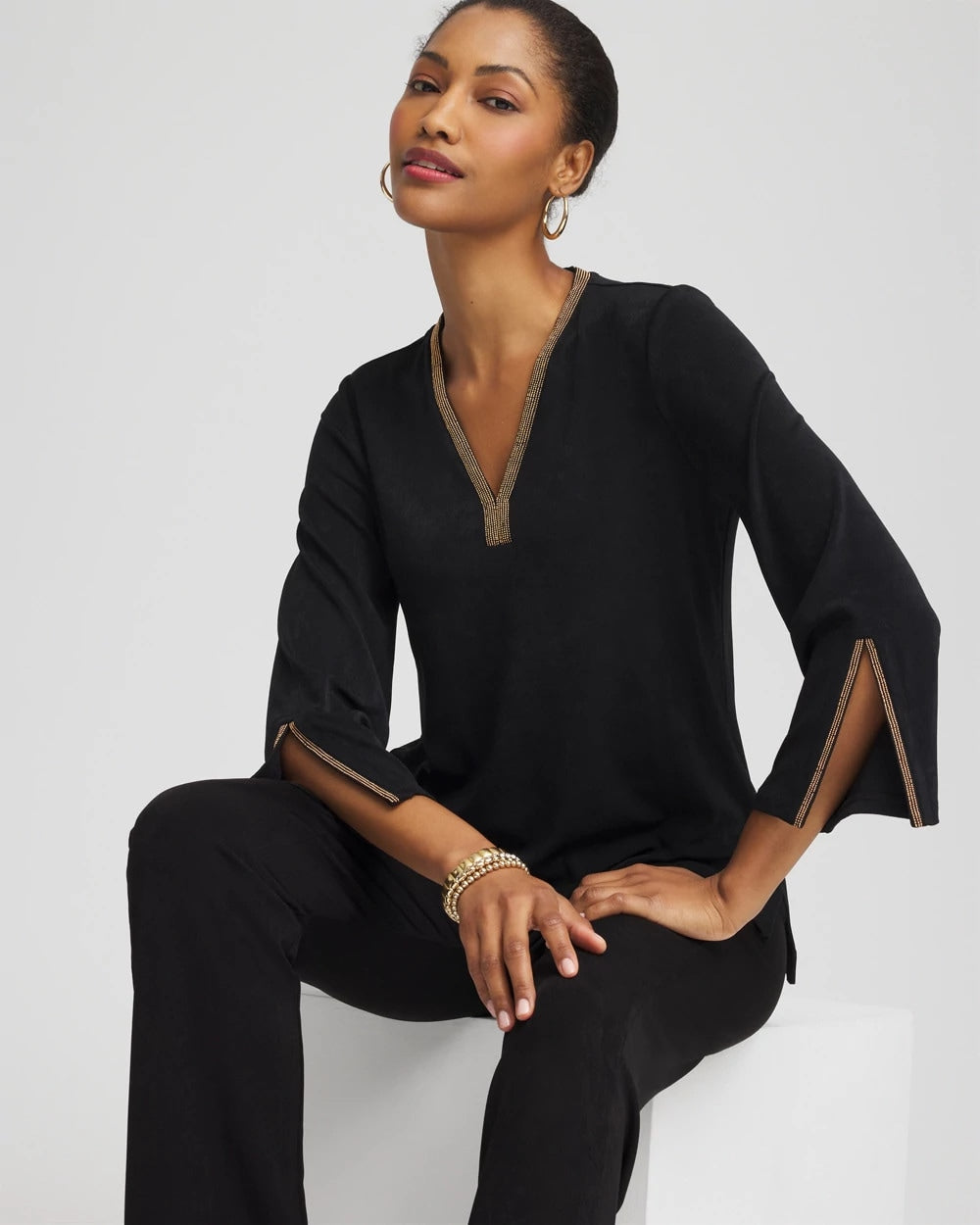 Chico's Clothing Travelers™ Embellished V-Neck Flutter Sleeve Tunic