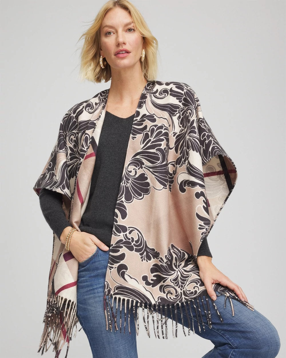 Chico's Clothing Reversible Printed Fringe Ruana
