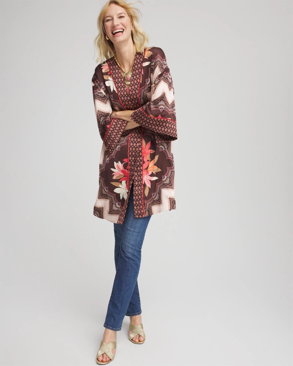 Chico's Clothing Long Mixed-Print Kimono