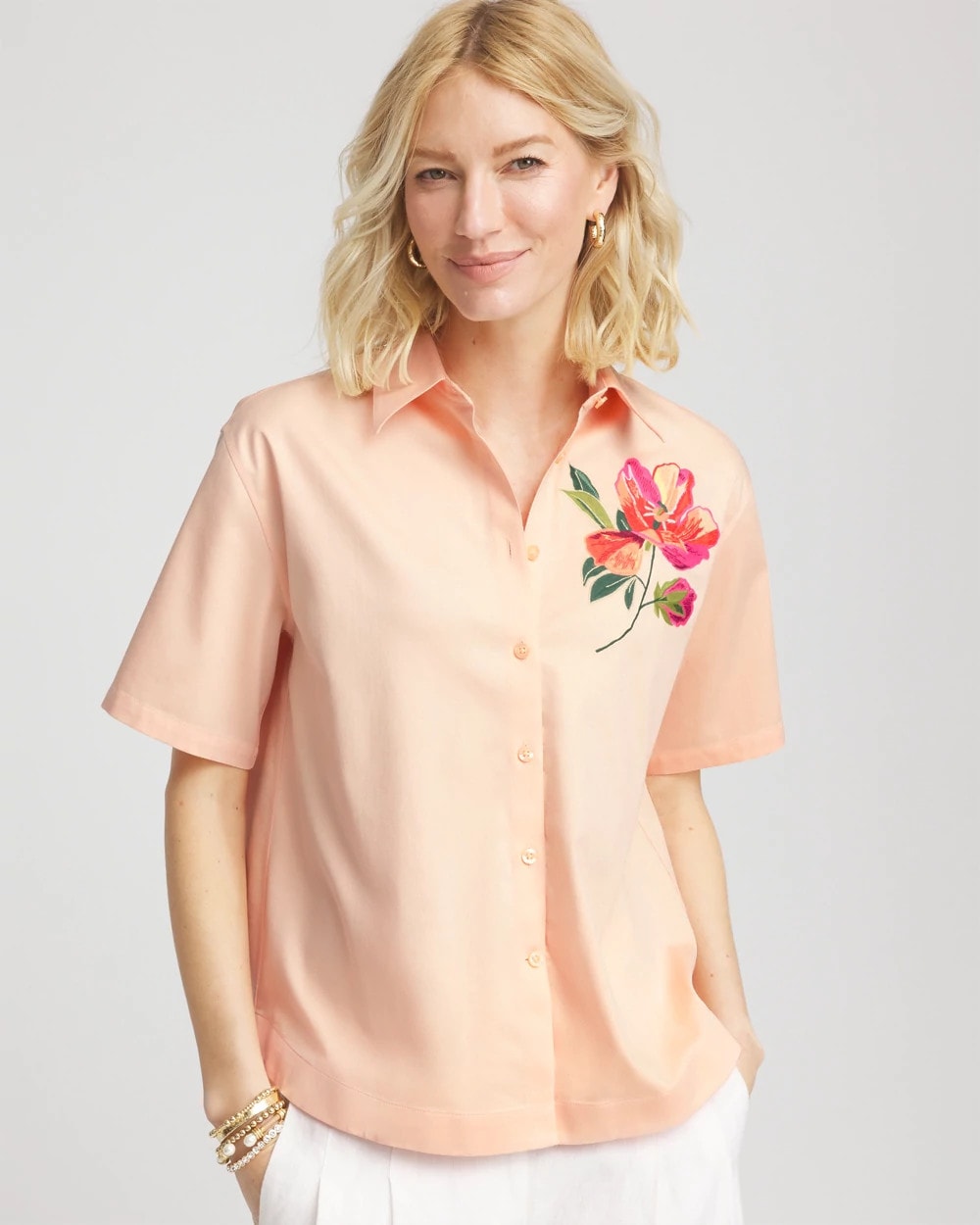 Chico's Clothing No Iron™ Embroidered Floral Short-Sleeve Shirt