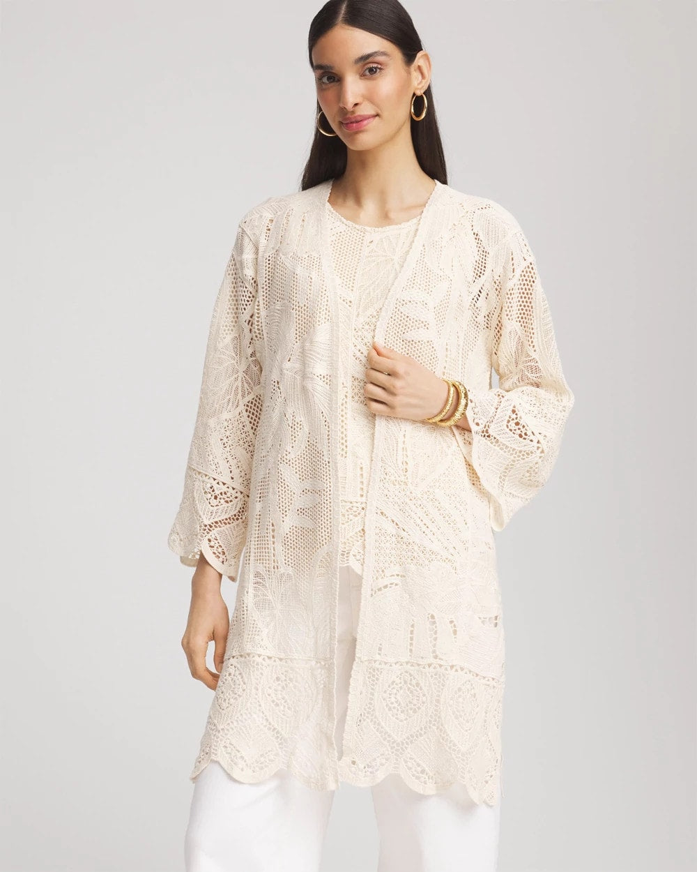 Chico's Clothing Cutwork Crochet-Lace Long Kimono