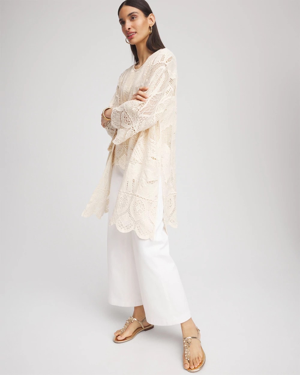 Chico's Clothing Cutwork Crochet-Lace Long Kimono