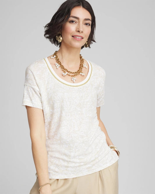 Chico's Clothing Printed Sweater Trim Linen Tee