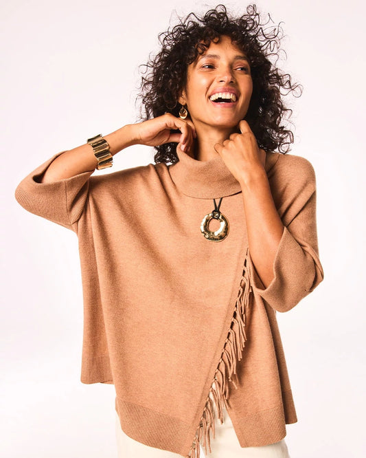 Chico's Clothing Cowlneck Knit Fringe Poncho