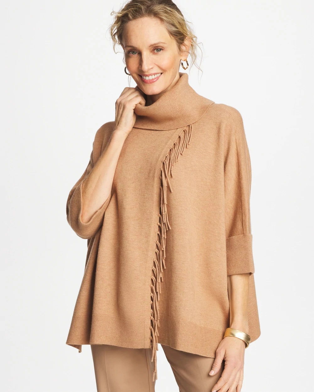 Chico's Clothing Cowlneck Knit Fringe Poncho