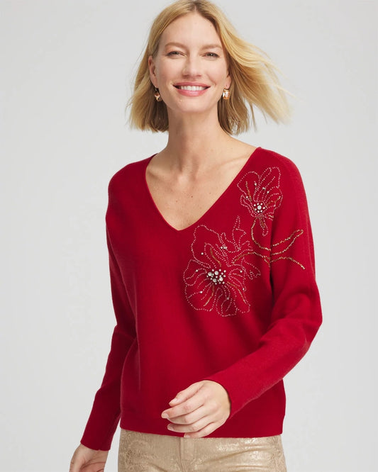 Chico's Clothing Floral Embellished Dolman V-Neck Pullover
