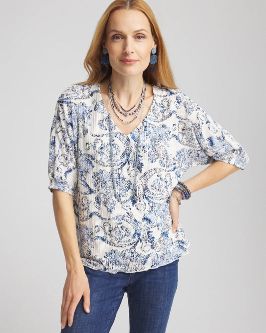 Chico's Clothing Snakeskin Print Crinkle Elbow Sleeve Tee