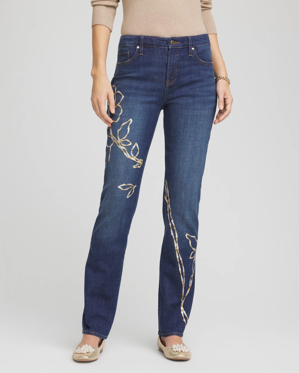 Chico's Clothing Sequins Rose Girlfriend Slim-Leg Jeans