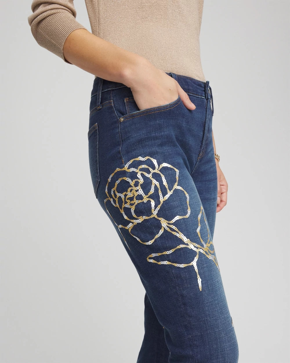Chico's Clothing Sequins Rose Girlfriend Slim-Leg Jeans