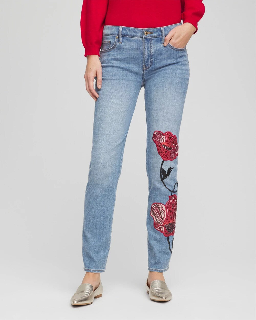 Chico's Clothing Placed Floral Girlfriend Slim Ankle Jeans