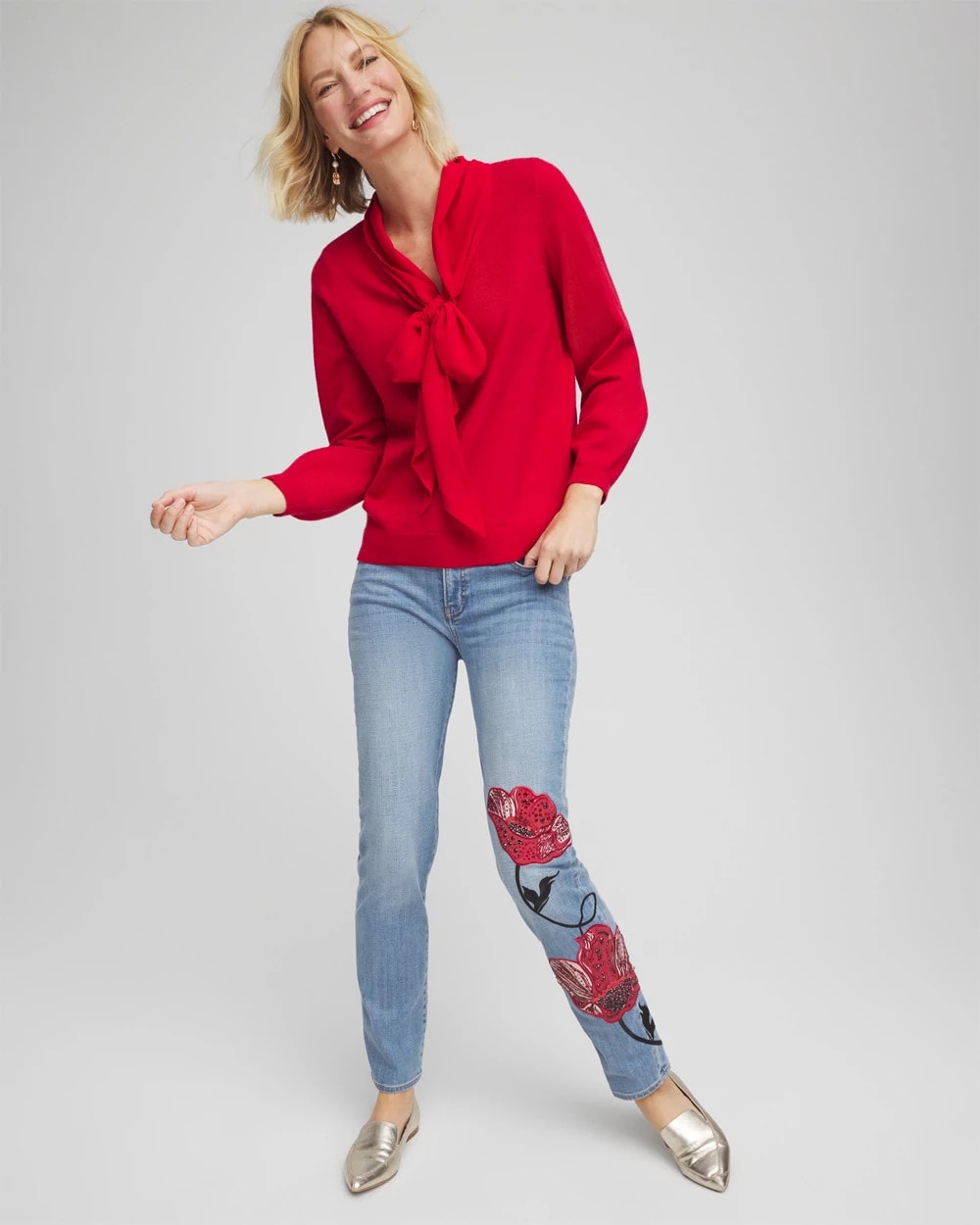 Chico's Clothing Placed Floral Girlfriend Slim Ankle Jeans