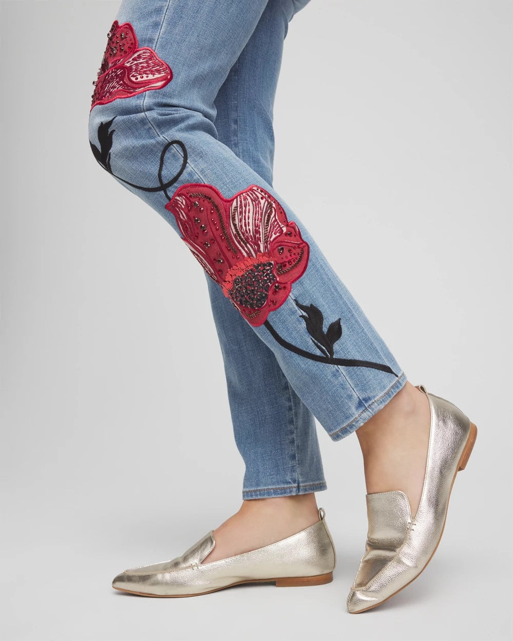 Chico's Clothing Placed Floral Girlfriend Slim Ankle Jeans
