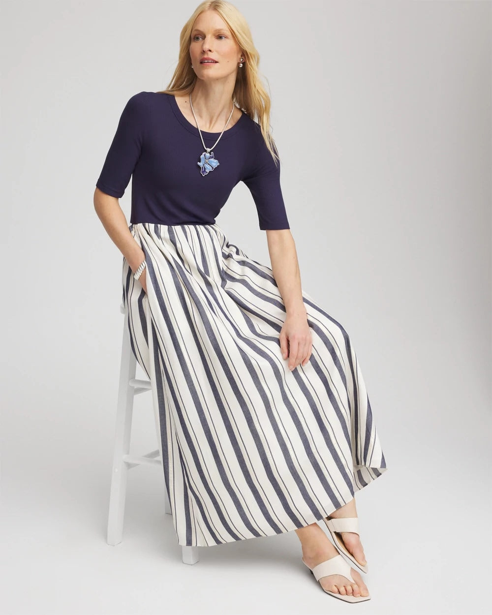 Chico's Clothing Mixed Metallic Striped Maxi Dress