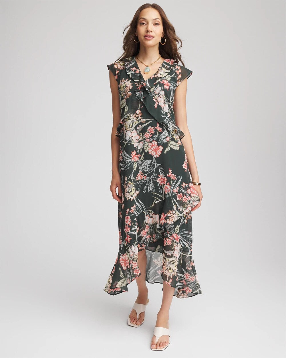 Chico's Clothing Floral Ruffle-Trim Chiffon Dress