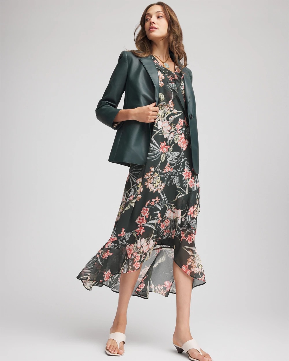 Chico's Clothing Floral Ruffle-Trim Chiffon Dress