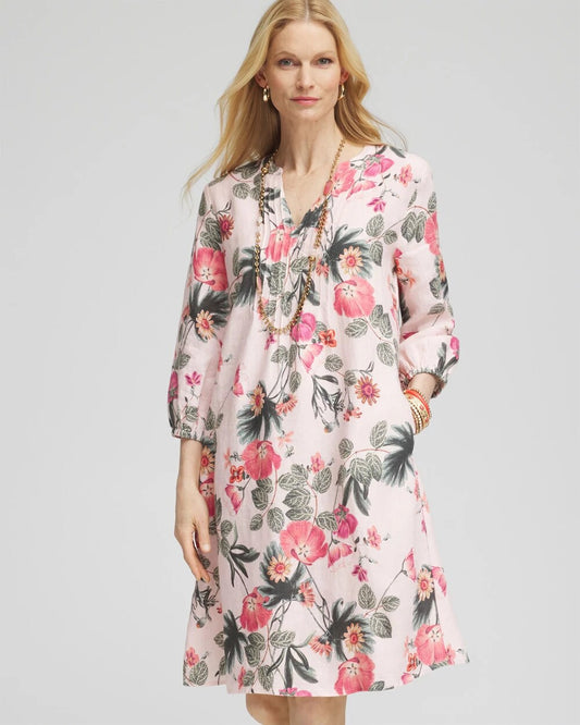 Chico's Clothing Floral Linen Pintuck 3/4 Sleeved Dress