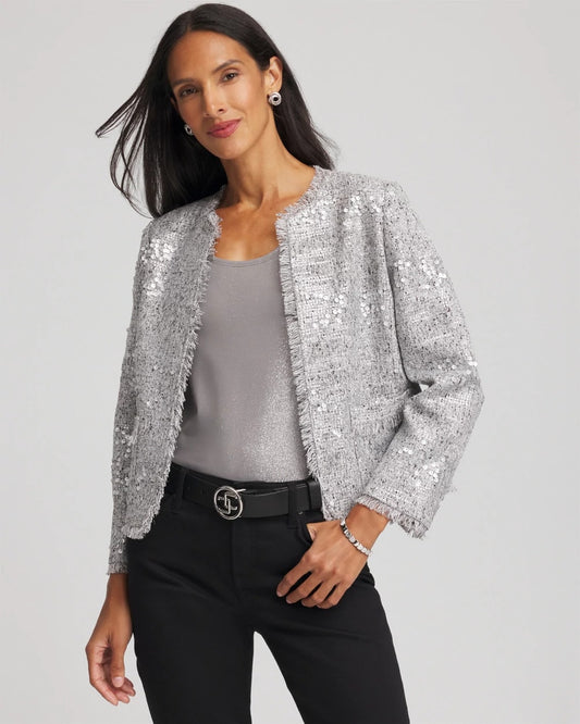 Chico's Clothing Silver Sequins Tweed Jacket