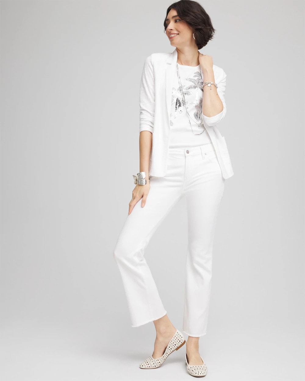 Chico's Petites Petite No Stain Girlfriend Fray Hem Kick Flare Jeans