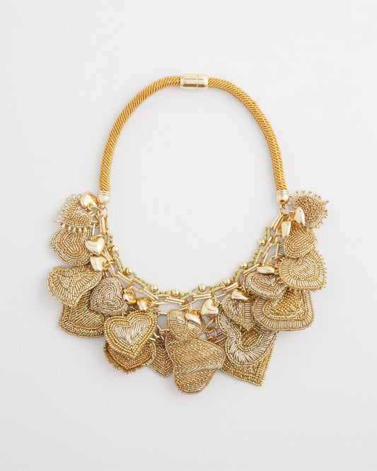 Chico's Jewelry Gold Beaded Heart Charm Bib Necklace