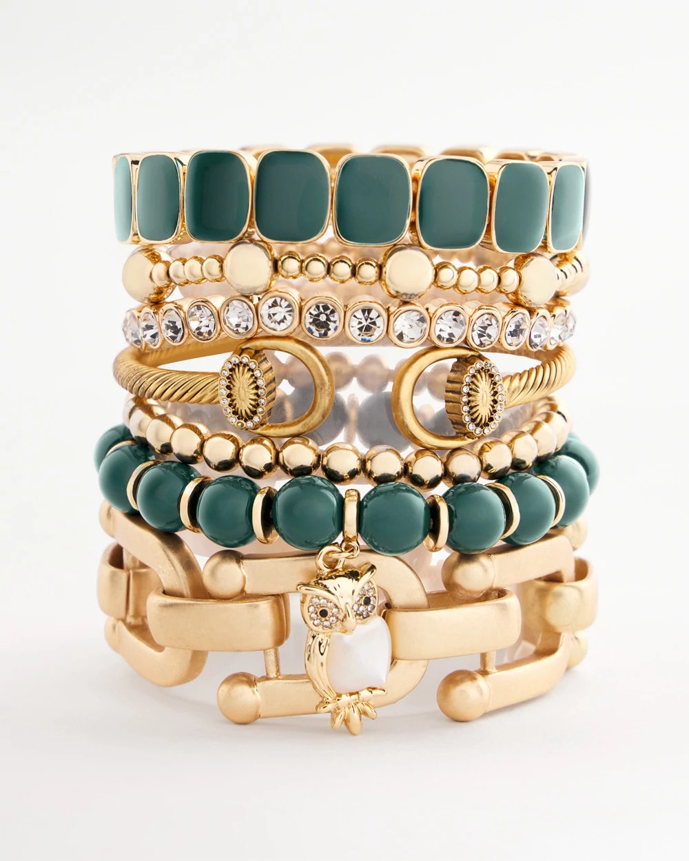 Chico's Jewelry Green & Gold Beaded Charm Bracelet