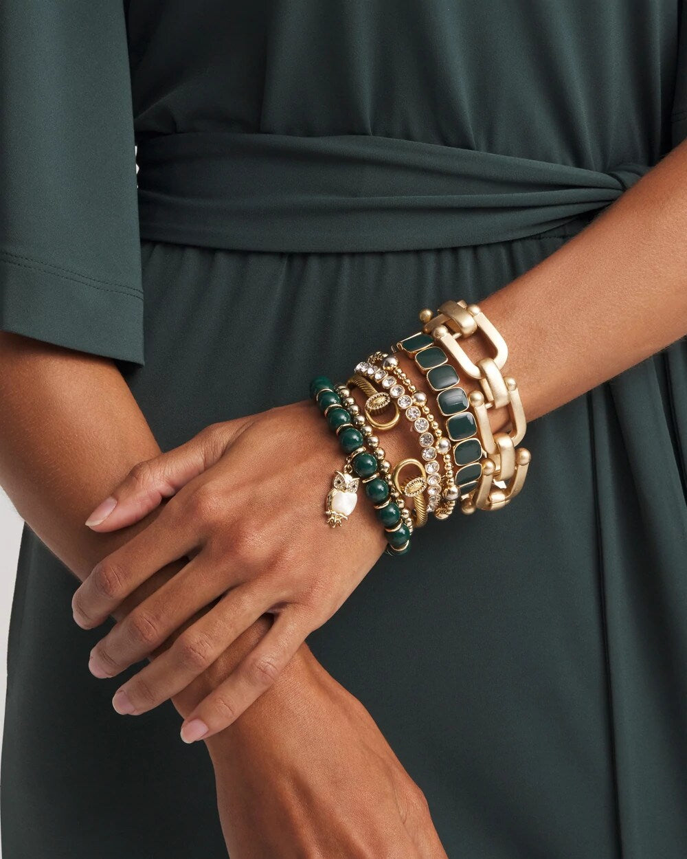 Chico's Jewelry Green & Gold Beaded Charm Bracelet