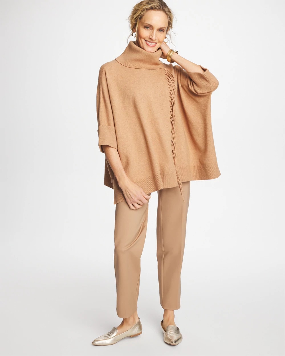 Chico's Accessories Cowlneck Knit Fringe Poncho