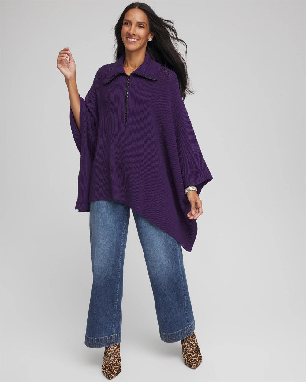Chico's Accessories Rhinestone Zip-Collar Sweater Poncho