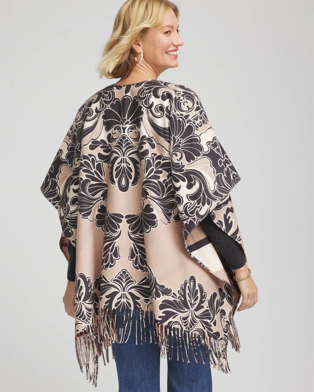 Chico's Accessories Reversible Printed Fringe Ruana