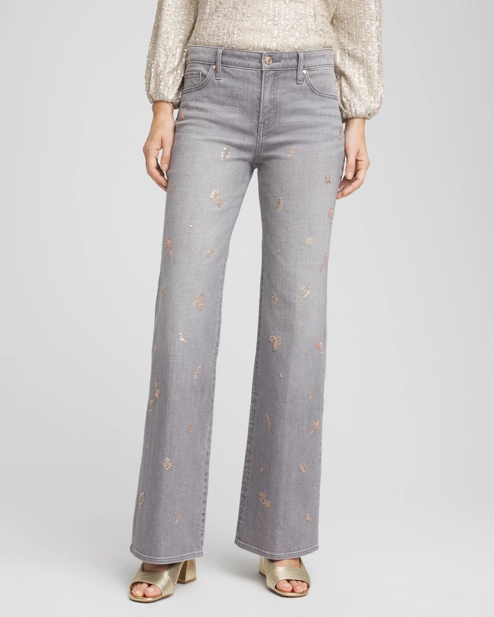 Chico's Petites Petite Rose Gold Embroidered Girlfriend Flared Jeans
