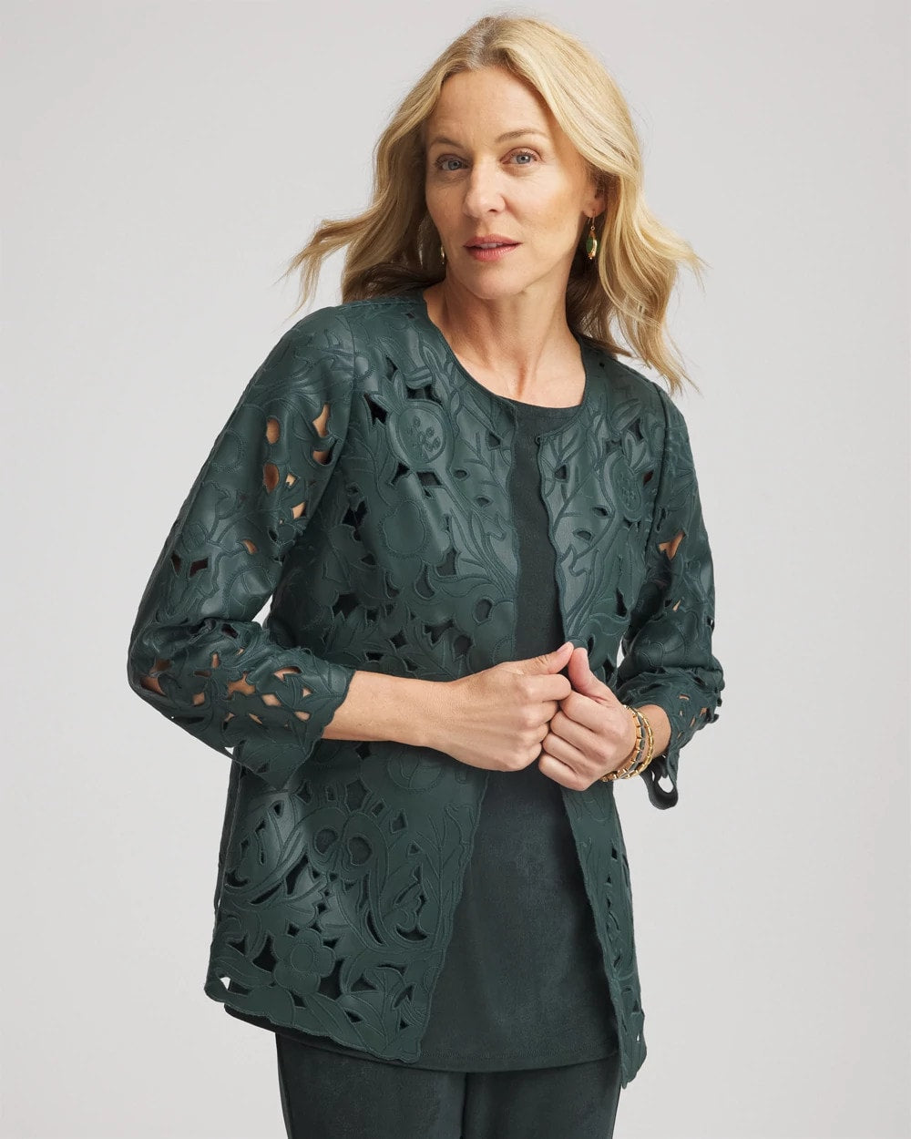 Chico's Collections Travelers™ Collection Faux Leather Floral Jacket