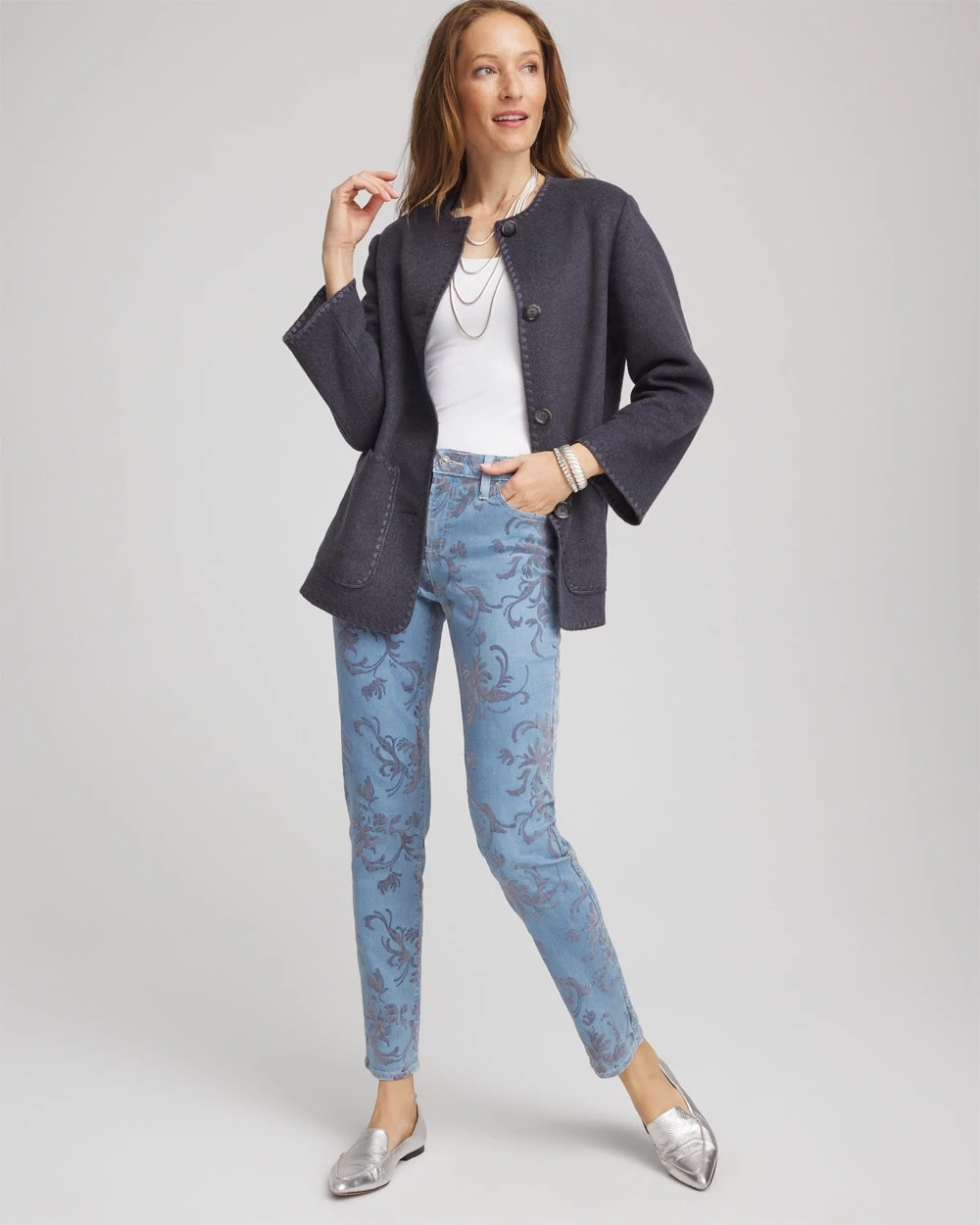 Chico's Collections Girlfriend Slim Ankle Flocked Jeans