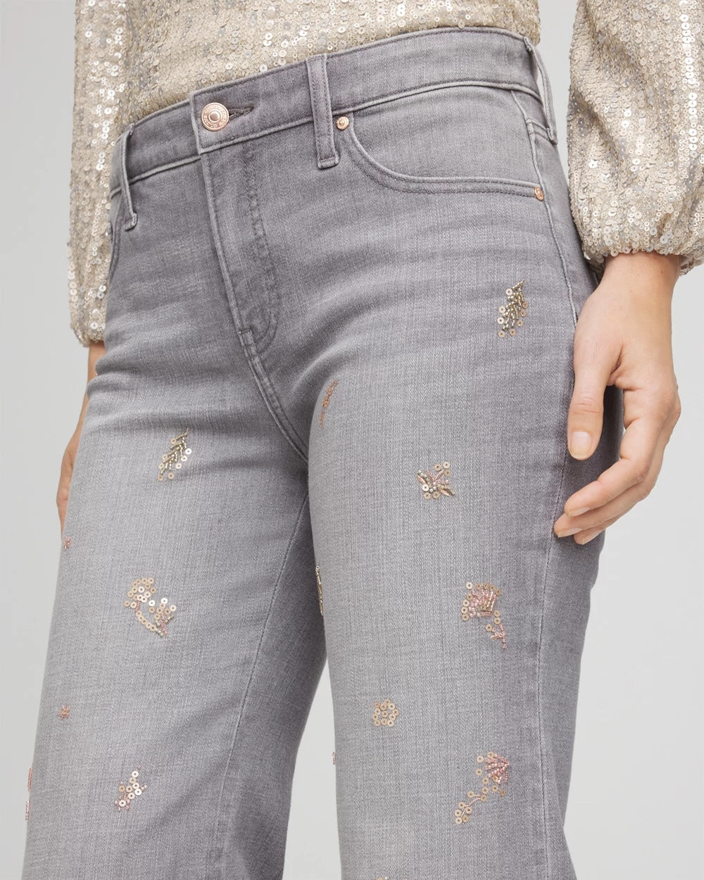Chico's Collections Rose Gold Embellished Girlfriend Flared Jeans