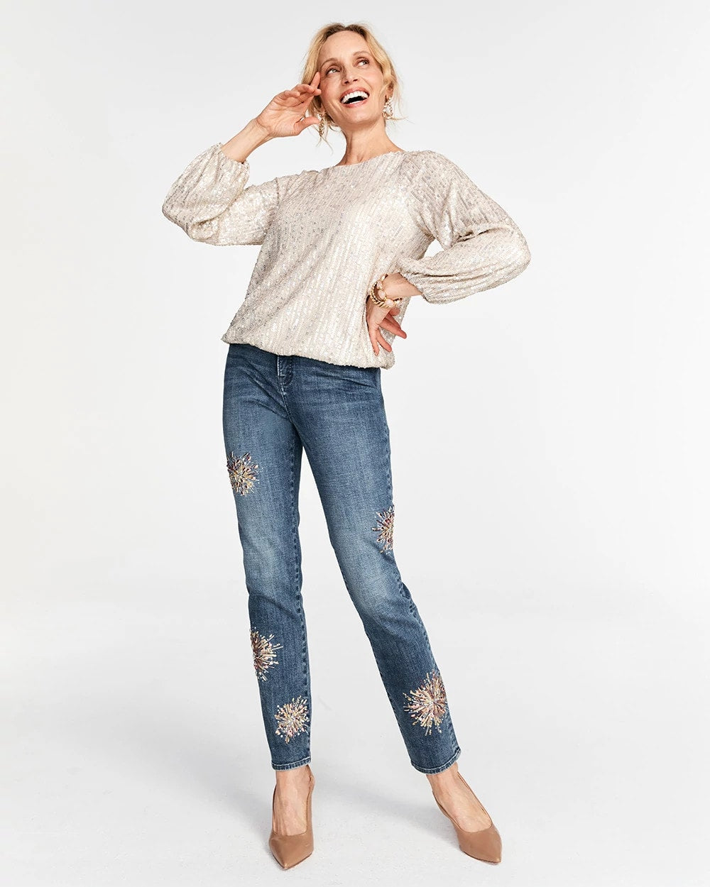 Chico's Collections Embellished Starbursts Girlfriend Slim Ankle Jeans